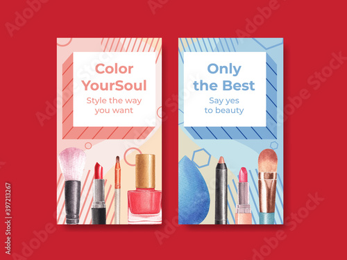 Instagram template with makeup concept design for social media and community watercolor vector illustration.