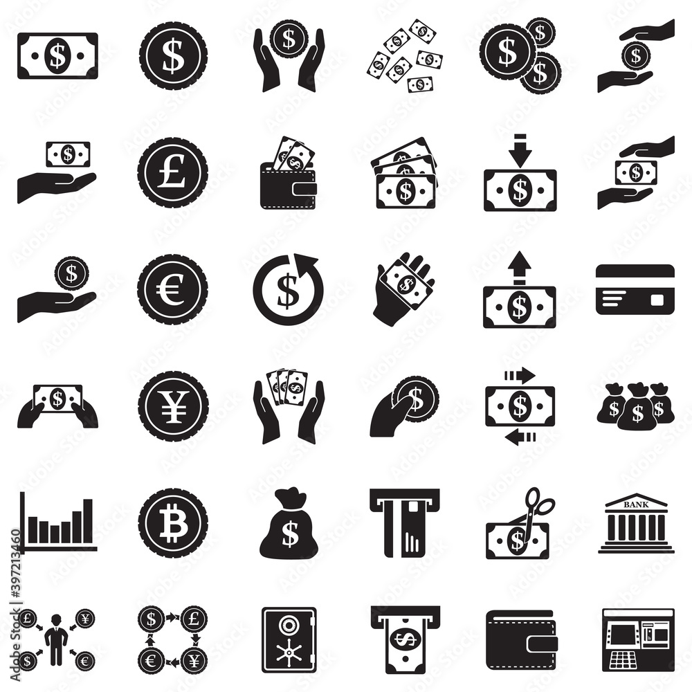 Money Icons. Black Flat Design. Vector Illustration.