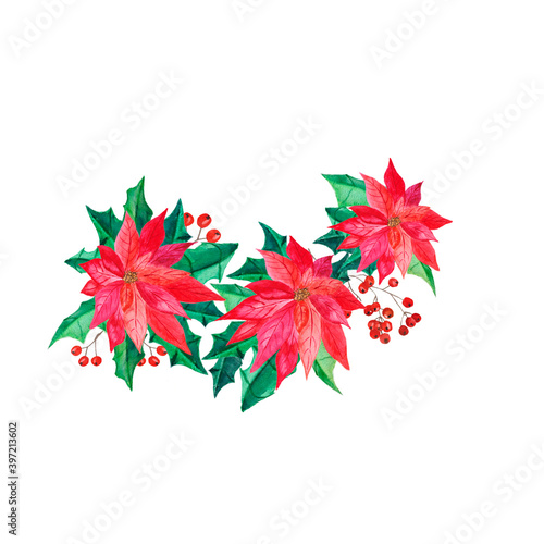 iWatercolor Christmas card with poinsettia and eucalyptus leaves. Hand painted illustration with bright red flowers and green leaves for greeting floral cards solated on white background.