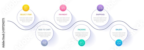 Concept of shopping process with 6 successive steps. Six colorful graphic elements. Timeline design for brochure, presentation, web site. Infographic design layout.