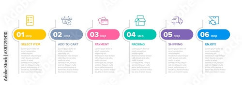 Concept of shopping process with 6 successive steps. Six colorful graphic elements. Timeline design for brochure, presentation, web site. Infographic design layout.