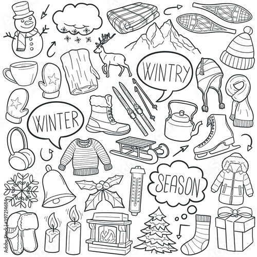 Winter doodle icon set. Wintry Vector illustration collection. Snow Banner Hand drawn Line art style.