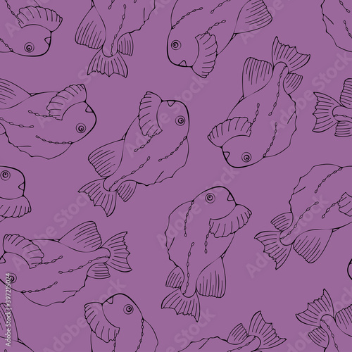 Seamless pattern with black fish on violet background.