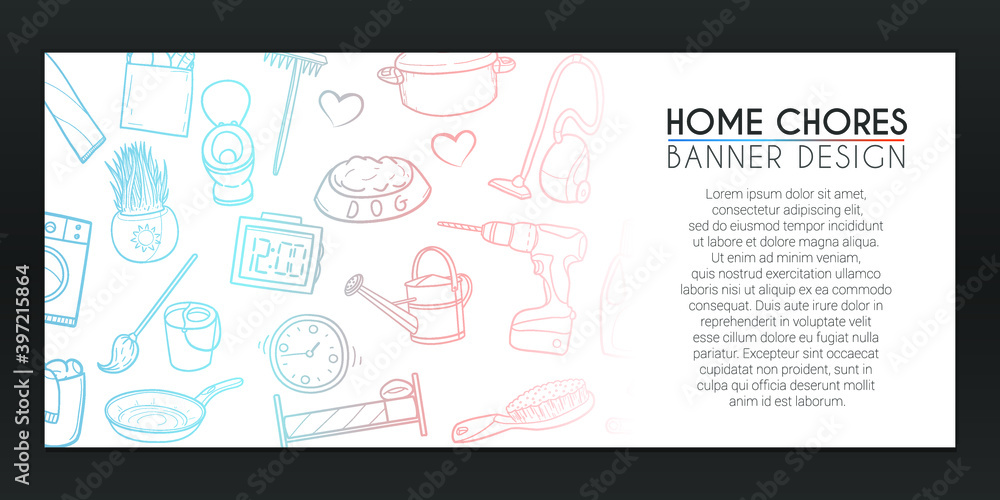 Chores Banner Doodles. Tools Background Hand drawn. Home Works illustration. Sea Vector Horizontal Design.
