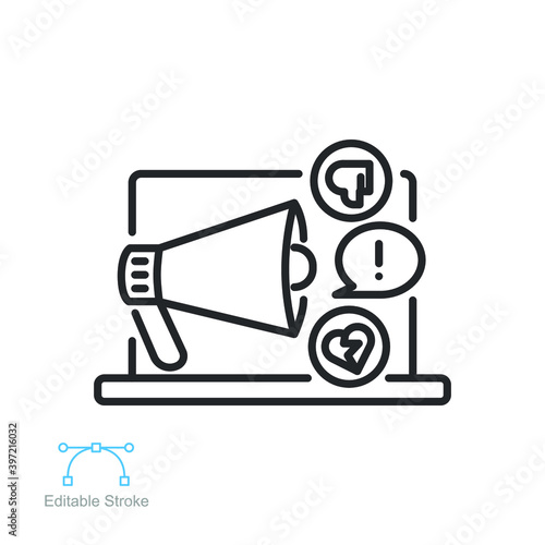 Cyberbullying outline icon. Impersonate social media bully, insult behavior. Digital harassment, emotional message. Haters online. Editable stroke Vector illustration design on white background EPS 10