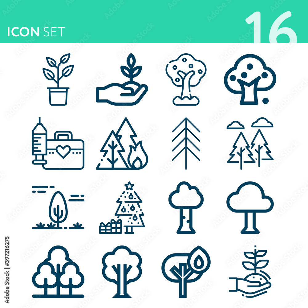 Simple set of 16 icons related to planted