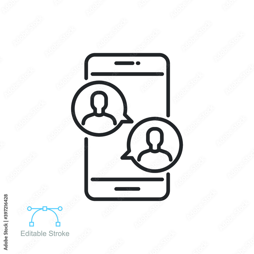 online meetup outline icon. Two people in dialog discussion group. Distant work. Online business chat and meet up together using tablet or smartphones Editable stroke Design on white background EPS 10 online meetup outline icon. Two people in dialog discussion group. Distant work. Online business chat and meet up together using tablet or smartphones Editable stroke Design on white background EPS 10