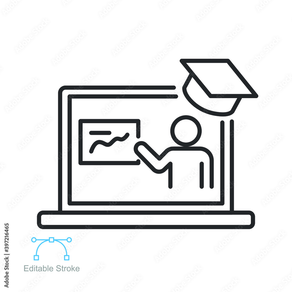 online teaching line icon. Online tutor Presentation screen. virtual education or distance training, webinar conference meeting. Editable stroke Vector illustration. Design on white background. EPS 10 online teaching line icon. Online tutor Presentation screen. virtual education or distance training, webinar conference meeting. Editable stroke Vector illustration. Design on white background. EPS 10