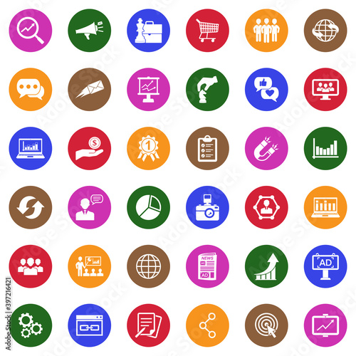Marketing Icons. White Flat Design In Circle. Vector Illustration.