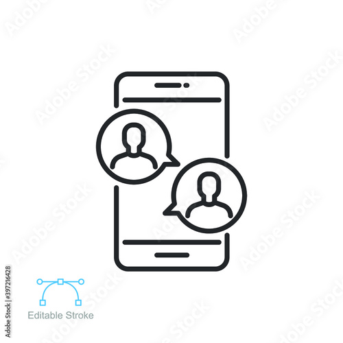 online meetup outline icon. Two people in dialog discussion group. Distant work. Online business chat and meet up together using tablet or smartphones Editable stroke Design on white background EPS 10