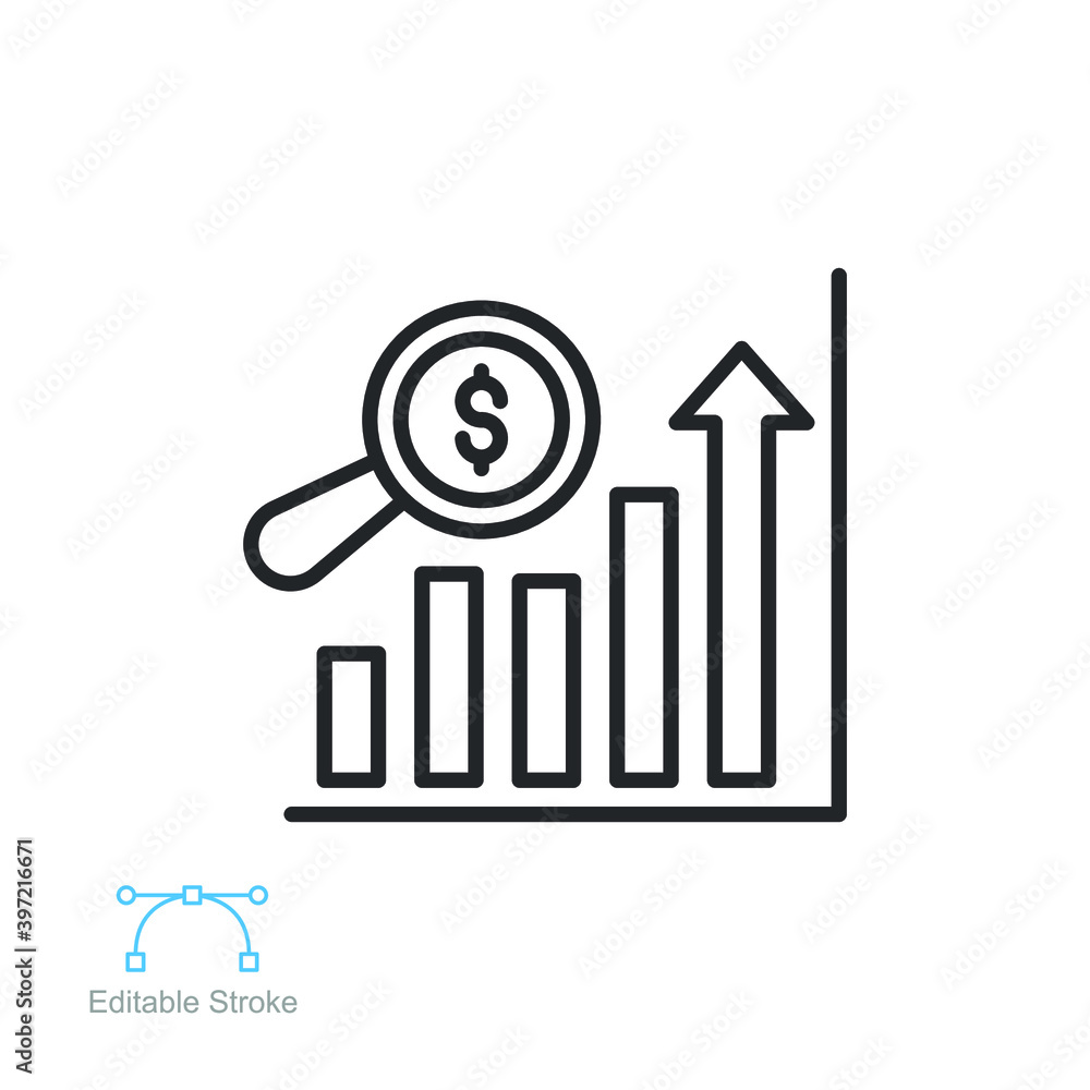 Sales forecasting outline icon. Analytics financial, business analysis. magnifying glass, bar graph observation budget estimate. Editable stroke Vector illustration Design on white background EPS 10 Sales forecasting outline icon. Analytics financial, business analysis. magnifying glass, bar graph observation budget estimate. Editable stroke Vector illustration Design on white background EPS 10