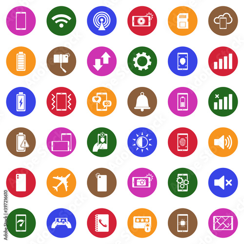 Mobile Phone Icons. White Flat Design In Circle. Vector Illustration.