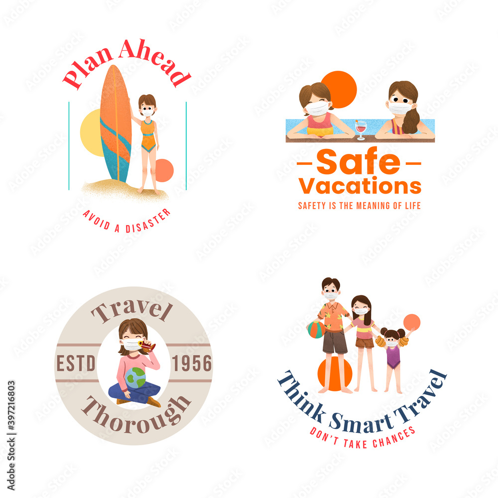 Logo design with COVID-19 prevention concept for branding and  marketing watercolor vector illustration.