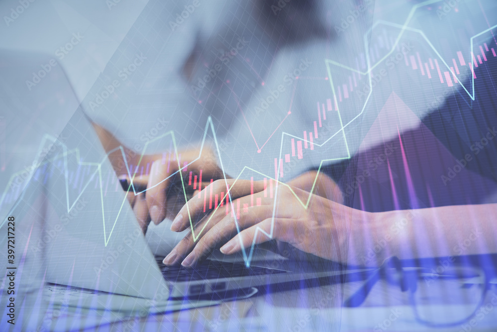 Multi exposure of woman hands typing on computer and financial graph hologram drawing. Stock market analysis concept. Multi exposure of woman hands typing on computer and financial graph hologram drawing. Stock market analysis concept.