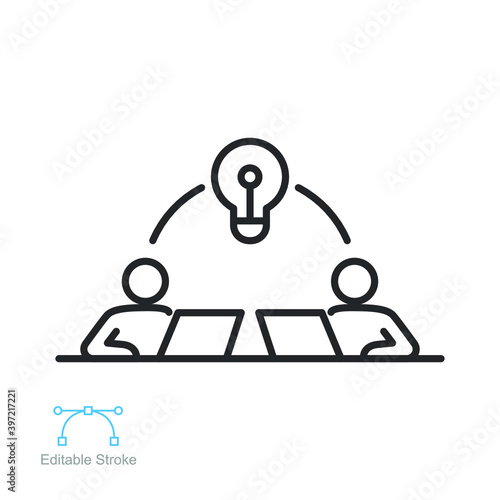 Startup hub connection outline icon. business people meetup team working on web development optimization of sharing idea concept. Editable stroke vector illustration Design on white background EPS 10 