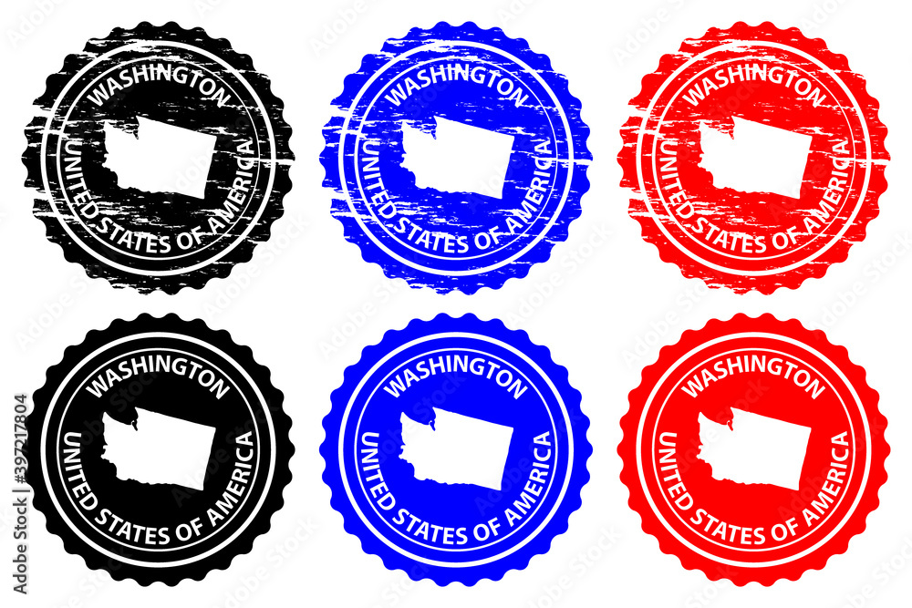 Obraz premium Washington - rubber stamp - vector, Washington (United States of America) map pattern - sticker - black, blue and red 