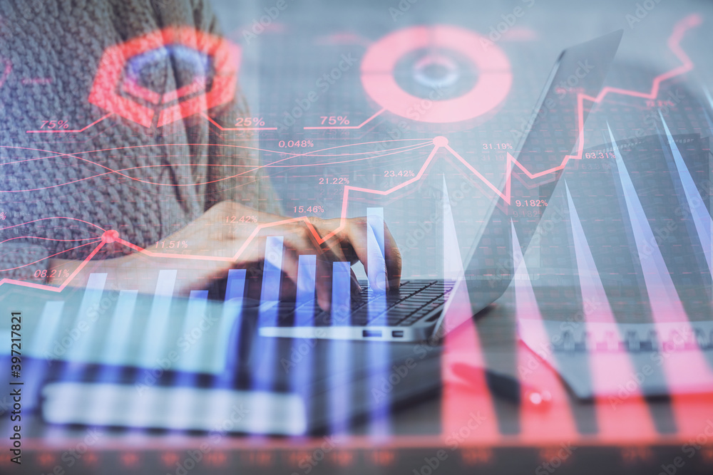 Double exposure of woman hands typing on computer and forex chart hologram drawing. Stock market analysis concept. Double exposure of woman hands typing on computer and forex chart hologram drawing. Stock market analysis concept.