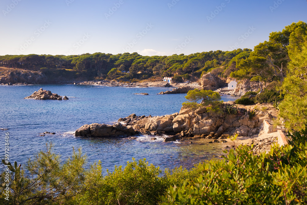 View of the beautiful bay of Cala S'Alguer, seen from the coastal path of La Fosca to the Castell beach, Costa Brava, Catalonia, Spain