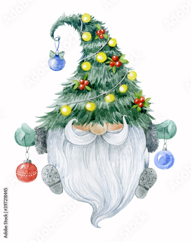 Christmas fancy gnome with Christmas tree, garland and balloons. Watercolor illustration. photo
