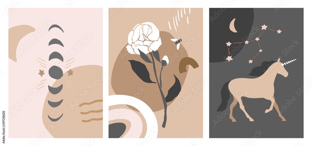 Set of boho posters in cut-out style in beige color. Vintage style cards for home decor. Phases of the moon, the unicorn, constellation, flowers on an abstract background. Flat vector illustration.