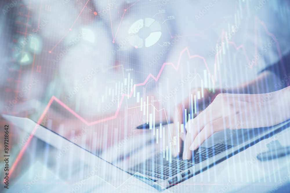 Double exposure of woman hands typing on computer and forex chart hologram drawing. Stock market invest concept. Double exposure of woman hands typing on computer and forex chart hologram drawing. Stock market invest concept.