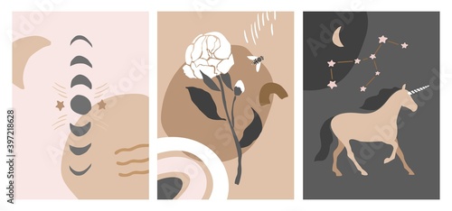 Set of boho posters in cut-out style in beige color. Vintage style cards for home decor. Phases of the moon, the unicorn, constellation, flowers on an abstract background. Flat vector illustration.