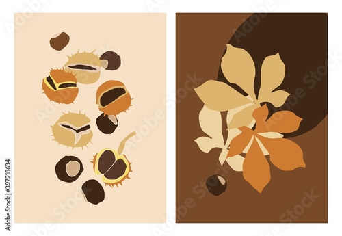 Set of posters with chestnut fruits and leaves in vintage boho style. Natural aesthetics drawn by cut-out shapes. Covers for notebooks, postcards in the style of hugge. Flat vector illustration
