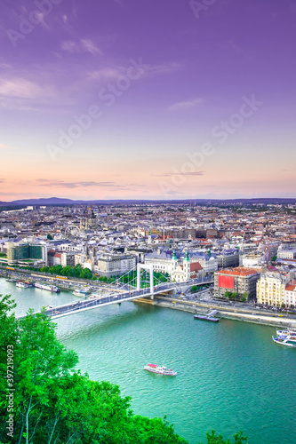 Urban landscape panorama with old buildings. Chain bridge on Danube river in Budapest city. Hungary