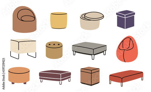 Set of soft poufs and ottomans on wooden legs. Classic and modern upholstered seats for bedroom or living room.