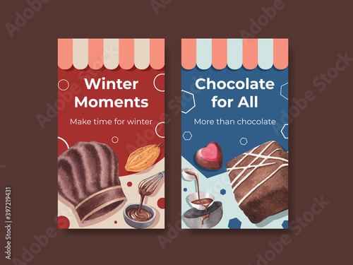 Instagram template with chocolate winter concept design for online marketing and social media watercolor vector illustration