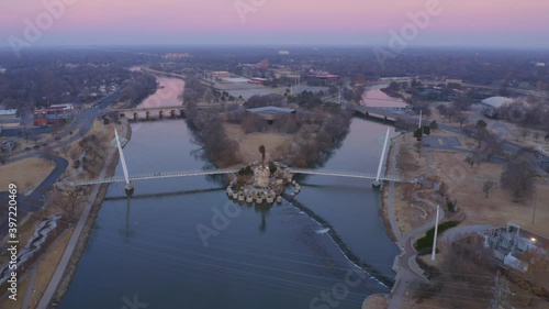 Keeper of the Plains sunrise drone aerial with bridge. photo