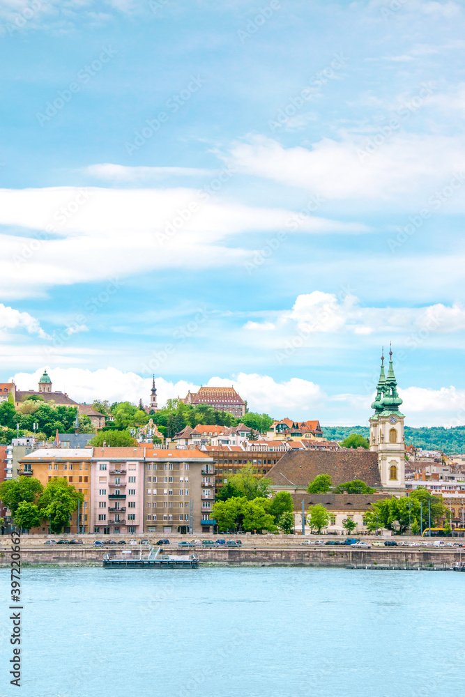 Europe Hungary Budapest. Cityscape photo. Buda castle and Danube river. Colorful classical hungarian buildings and houses