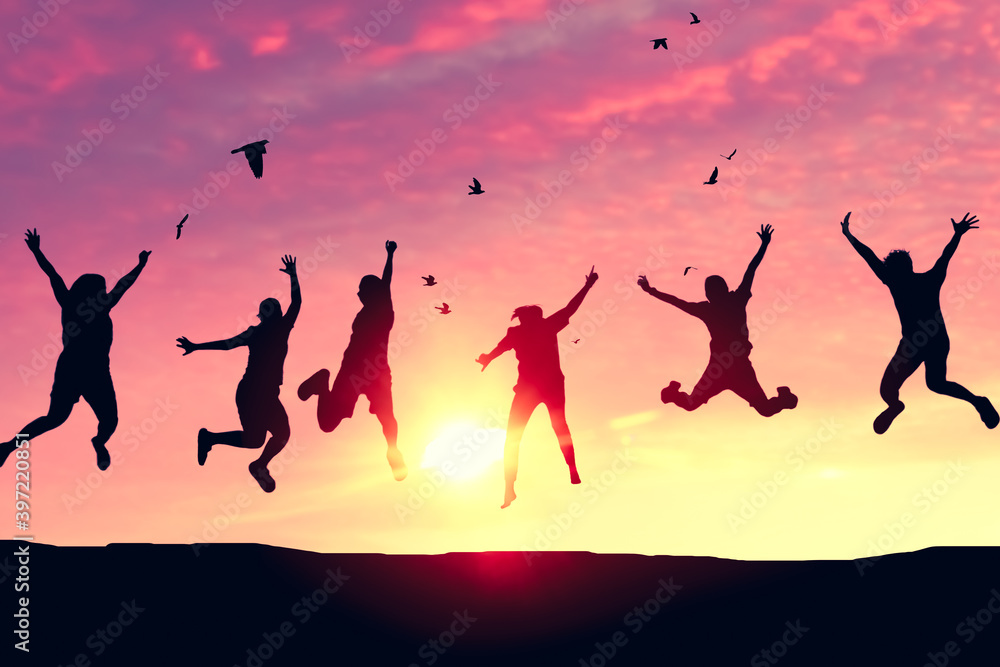 Silhouette friends jump and birds fly on sunset sky at top of mountain abstract background. Silhouette friends jump and birds fly on sunset sky at top of mountain abstract background.