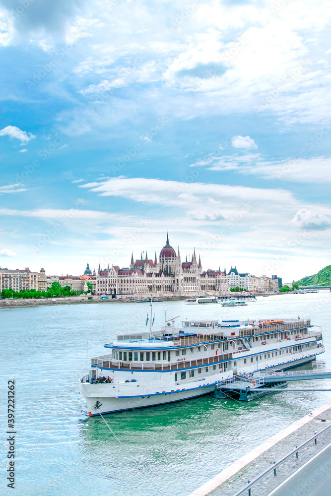 The Hungarian Parliament building on the Danube River, summer in Budapest, Hungary