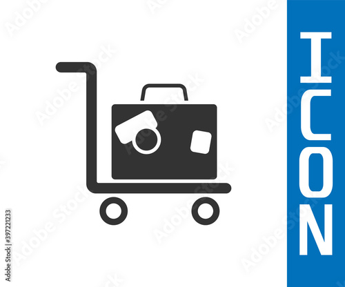 Grey Hotel luggage cart with suitcase icon isolated on white background. Traveling baggage sign. Travel luggage icon. Vector.