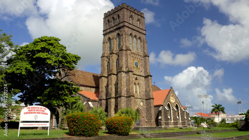 Basseterre, St Kitts and Nevis - December 2019: Ground level shot of Anglican Cathedral of St George Basseterre with St Barnabas