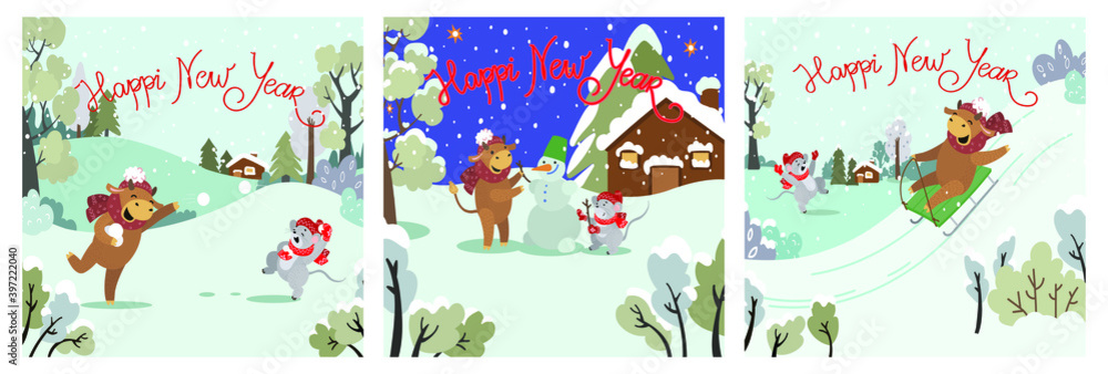 2021,Vector illustration, congratulations,the mouse is a symbol of 2020,the bull is a symbol of 2021,frolic against the background of a winter forest,mold a snowman,sledding,inscription Happy New Year
