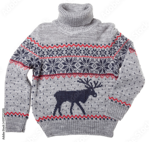 Kids knitted Christmas turtleneck sweater isolated on white