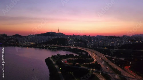 Twilight of seoul at han river in south korea.Aerial view