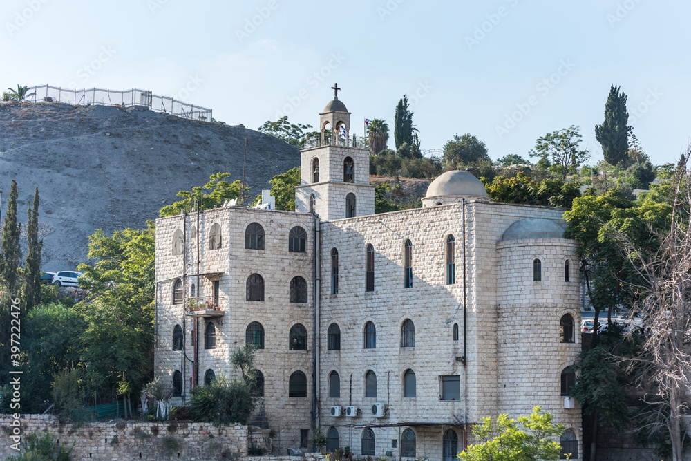 Fototapeta premium The Greek Orthodox Church of St. Stephen, or The St. Stephen's Basilica, a Catholic church, located in the Kidron Valley or King's Valley, outside the walls of the Old City of Jerusalem,