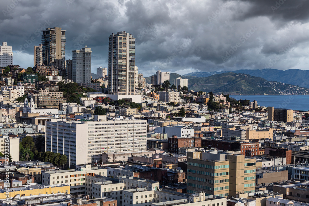 View of Russian Hill with storm clouds from the Financial District in downtown San Francisco.