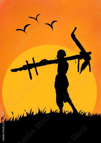 illustrated silhouette of  former holding plow on his solder  on  beautifull sunset .