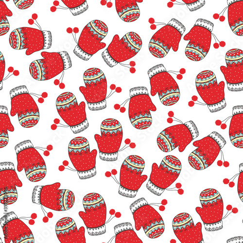 Hand drawn doodle seamless pattern of Christmas mittens with pom poms. Happy New Year and Christmas decorative vector illustration for greeting card, invitation, wallpaper, wrapping paper