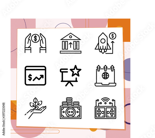 Simple set of 9 icons related to invest