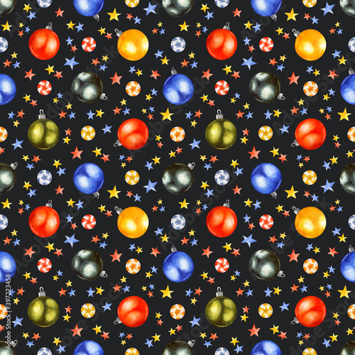 Watercolor Christmas seamless pattern with candies, balls and stars in gold, red, blue and green colors on a dark background. Vintage ornament for textile, wallpapers, wrapping, branding design.