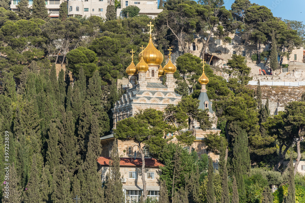 Church of Mary Magdalene, a Russian Orthodox church, located on the Mount of Olives in Jerusalem, next to the Garden of Gethsemane, and valley of Kidron, Jerusalem, Israel.