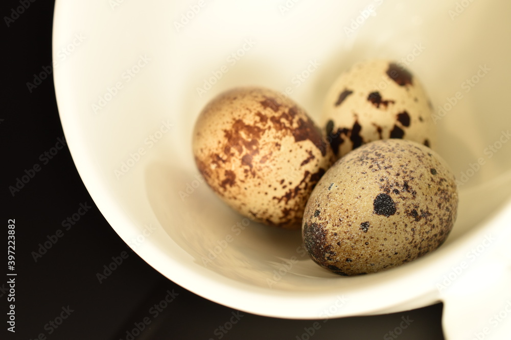 Obraz premium Three fresh quail eggs in a white bowl, close-up isolated on white.