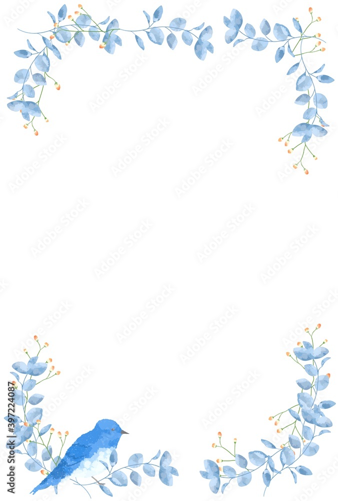 Obraz premium 優しいタッチの幸せを運ぶ青い鳥とユーカリのフレーム