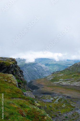 Foggy scenery of Trolltunga Hike, Hordaland, Beautiful fjords in Norway, on the way to Trolltunga