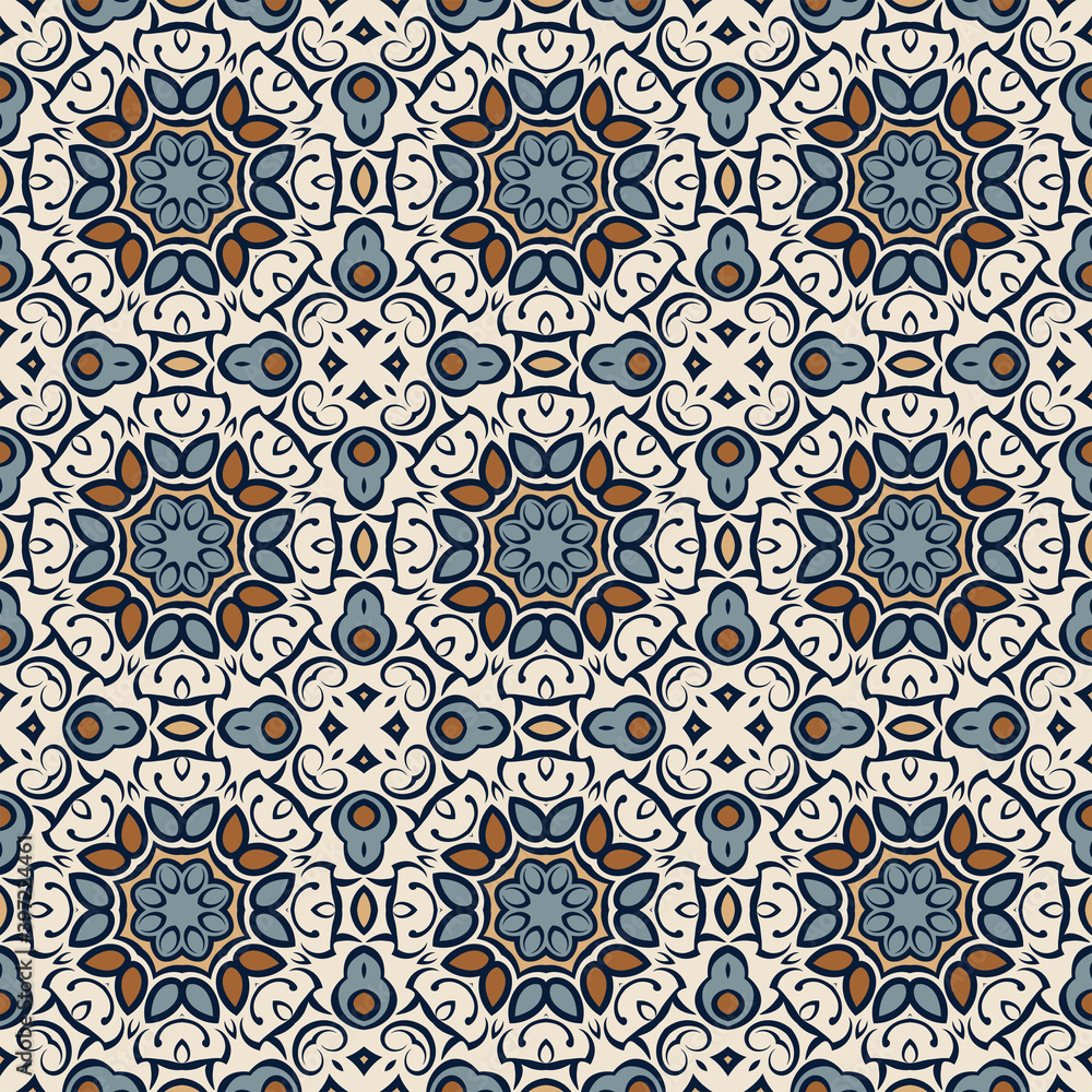 Bright color creative trendy  abstract geometric mandala pattern white gray blue orange, vector seamless, can be used for printing onto fabric, interior, design, textile